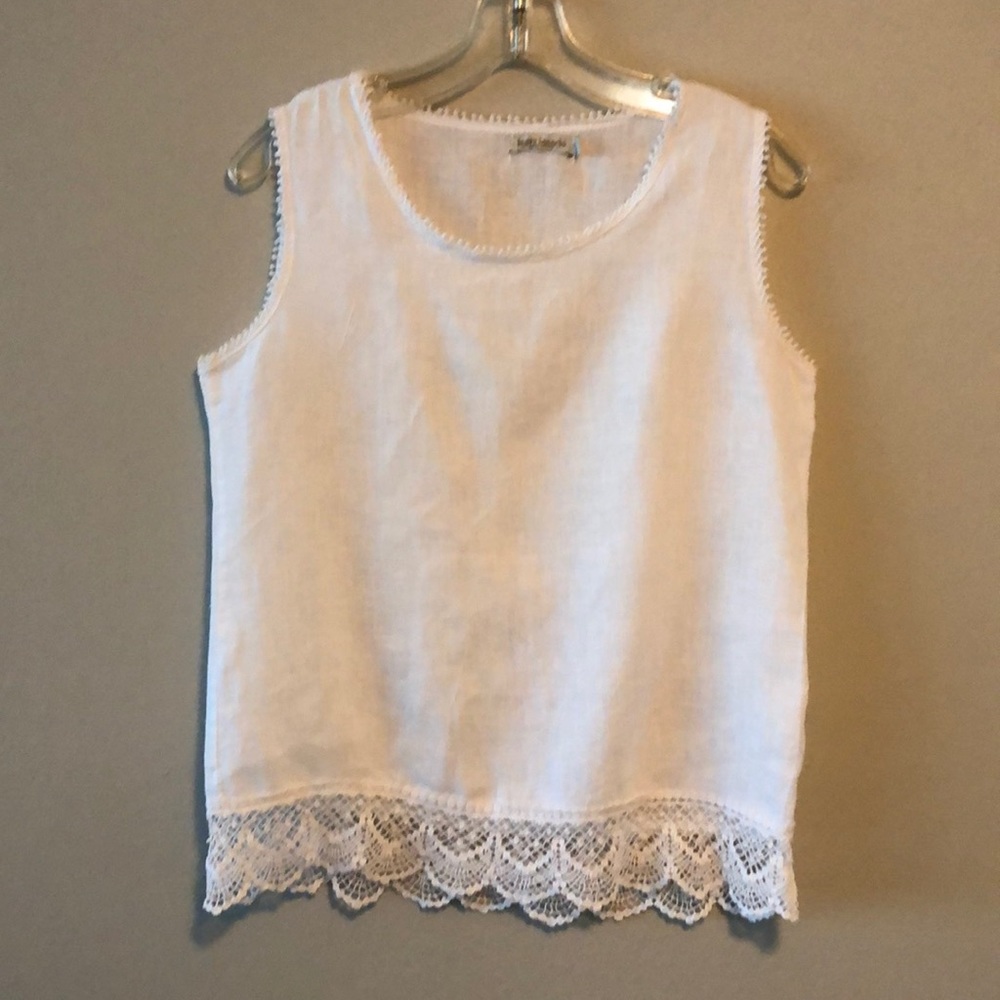 Laura Bianchi Top Tank Sleeveless Coastal Linen Crochet White SZ S Made in Italy